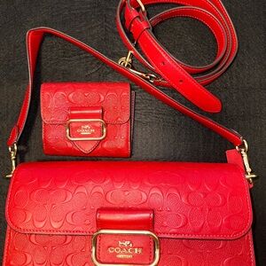 Coach Red Shoulder Bag Set with Textured Leather